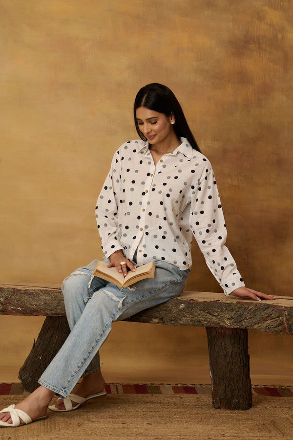 White Classic Polka Handblock Printed Mulmul Shirt