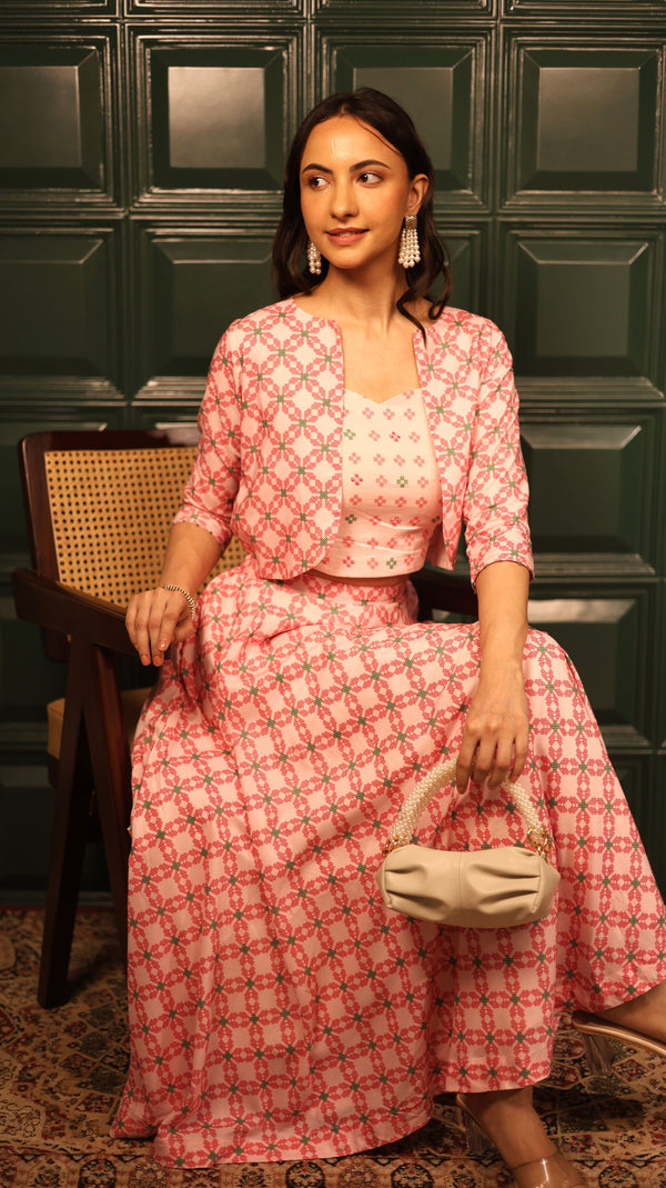 Aurora Blush Pink Skirt Set with Jacket (Set of 3)