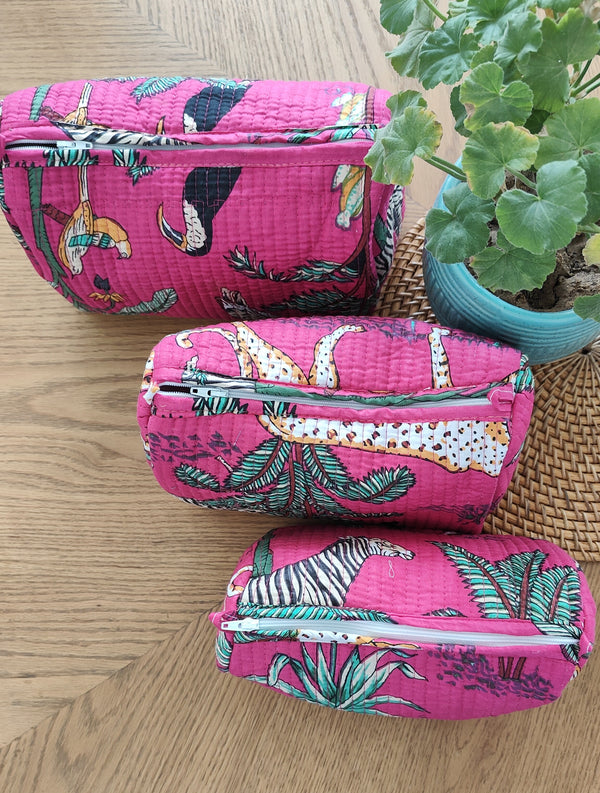 Jungle Joy -Hot Pink Toiletry Pouches- Set of 3