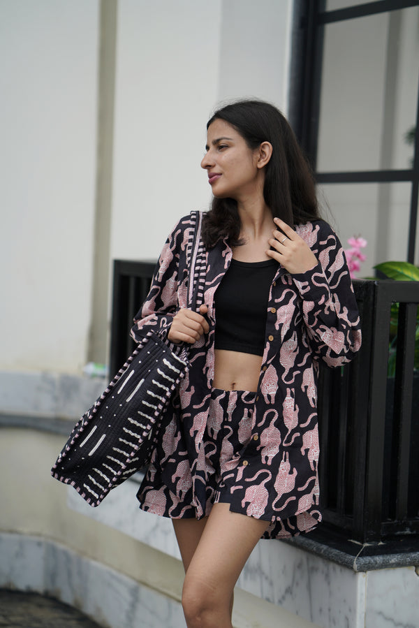 Black Sleeping Tiger Coord Set- With Shorts (Set of 2)
