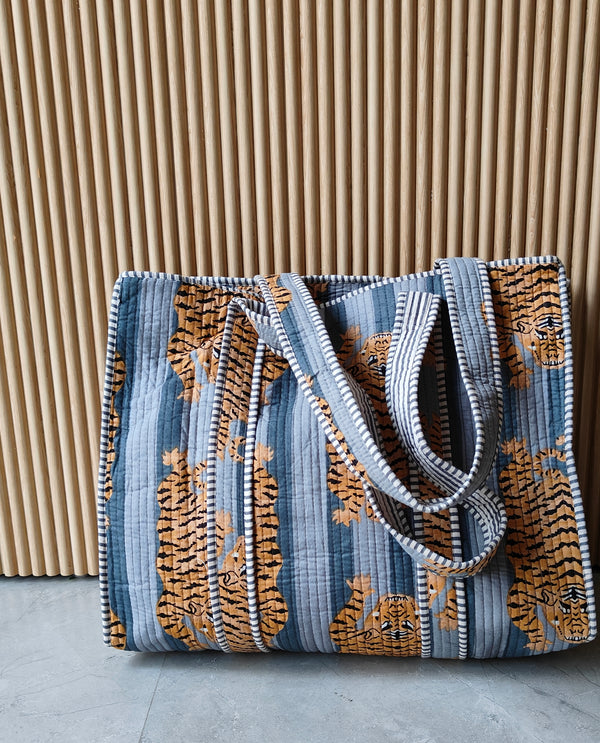 Sleeping Tiger Blue and Grey Stripes Tote (With Zipper)