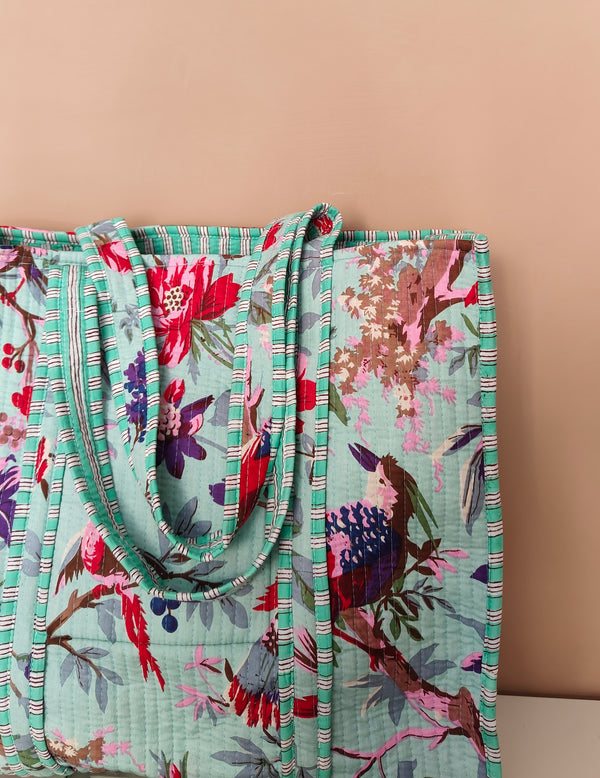 Floral Paradise Turquoise Tote - With Zipper