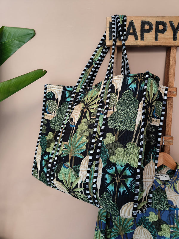 Mughal Garden Tote -Black (Small With Zipper)