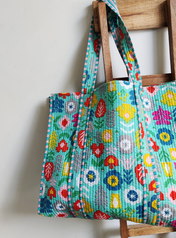 Floral Party Tote bag - Turquoise Blue