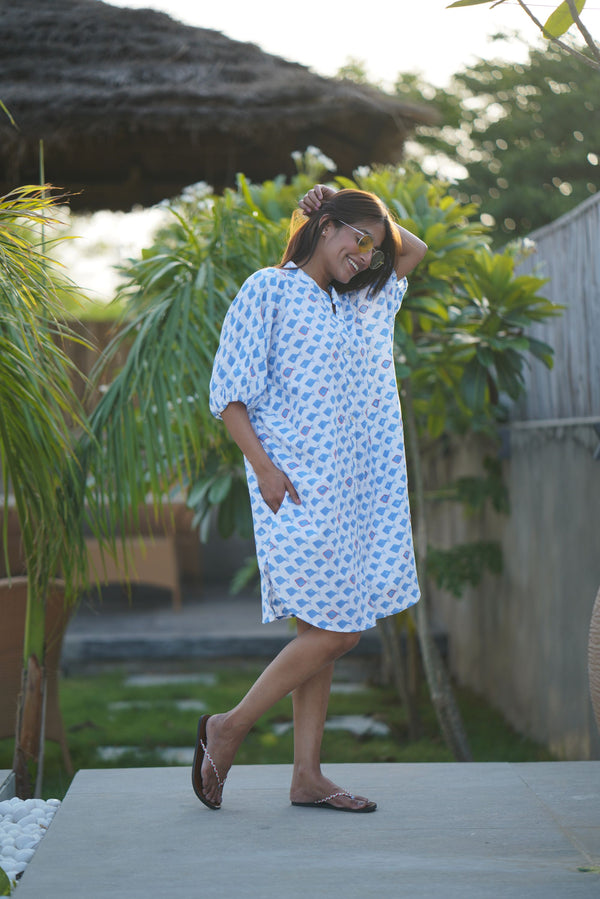 Fintastic Handblock Printed Dress with embroidery (one size) - Sea Blue