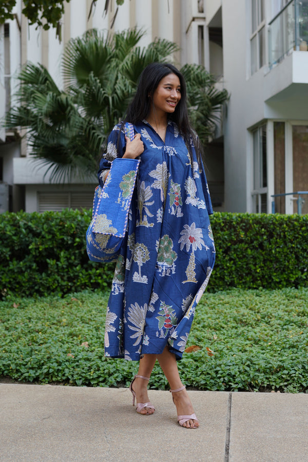 Blue Palm Sunday Dress with Tote