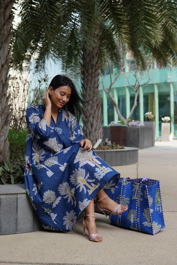 Blue Palm Sunday Dress with Tote