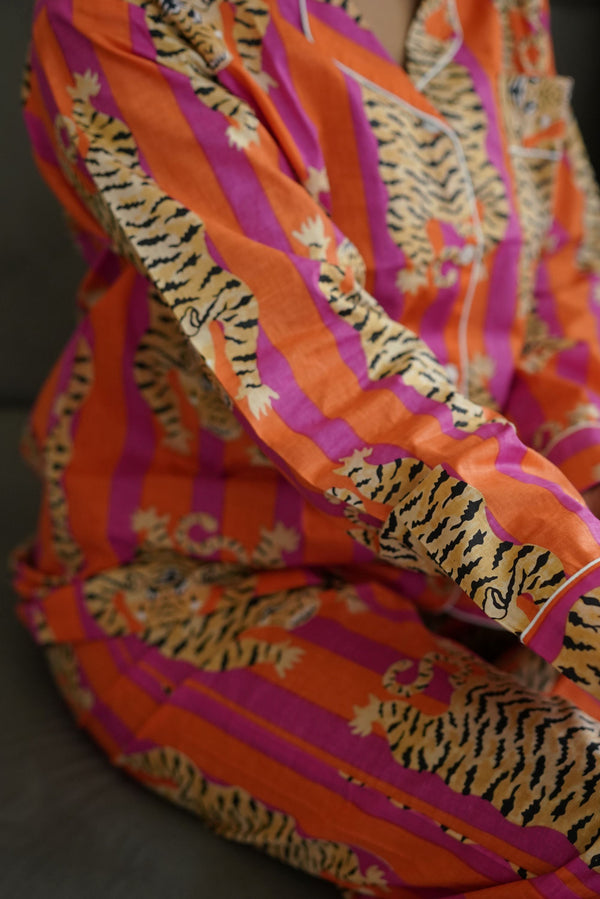 Tiger Snooze Pj set (Fuschia & Orange) With matching bag