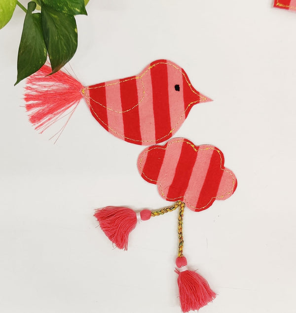 Red Striped Bliss Bird – Handmade Fridge Magnet with Tassels (Set of 2)