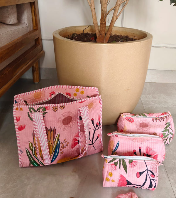 Peppy Meadow Pink Tote (Small) & Set of 3 Toiletry Pouches