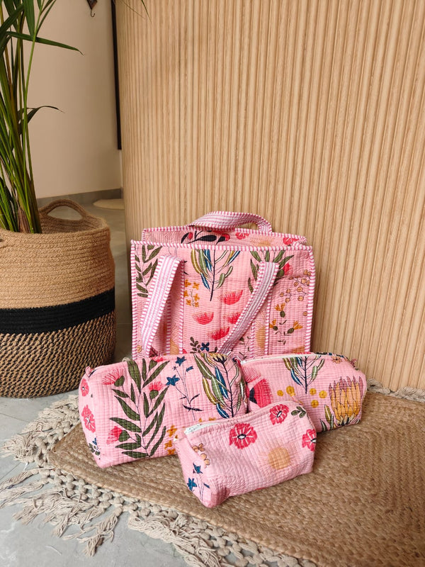 Peppy Meadow Pink Tote (Small) & Set of 3 Toiletry Pouches