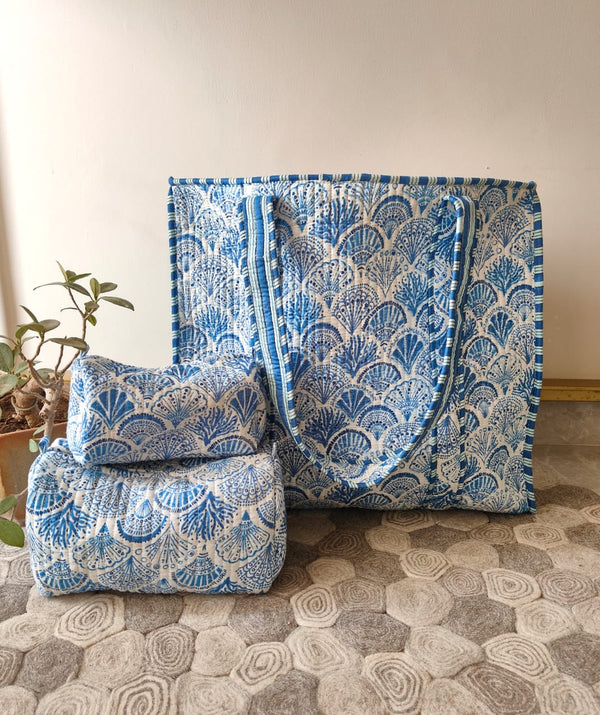 In a Nutshell Blue Tote & Set of 3 Toiltery Pouches