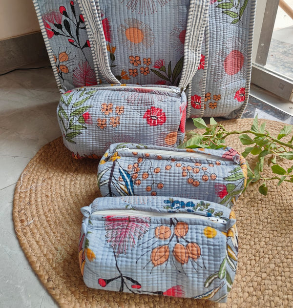 Misty Grey Meadows Tote with Matching Set of 3 Toiltery Pouches
