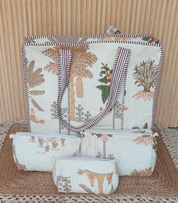 Cream Palm Tote with Set of 3 Matching Toiletry Pouches