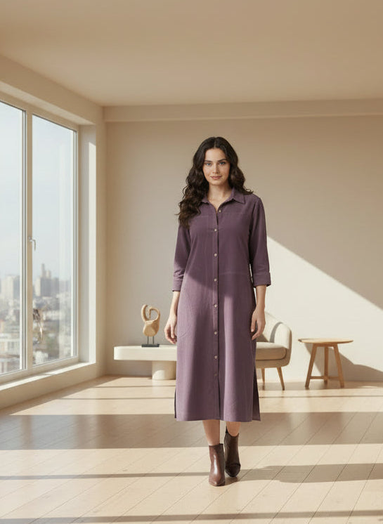 Mulberry Wine Corduroy  Shirt Dress