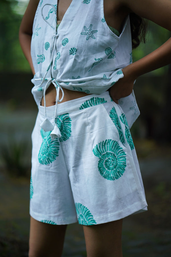 Sea Swirl Hand Block Printed Aqua Shorts