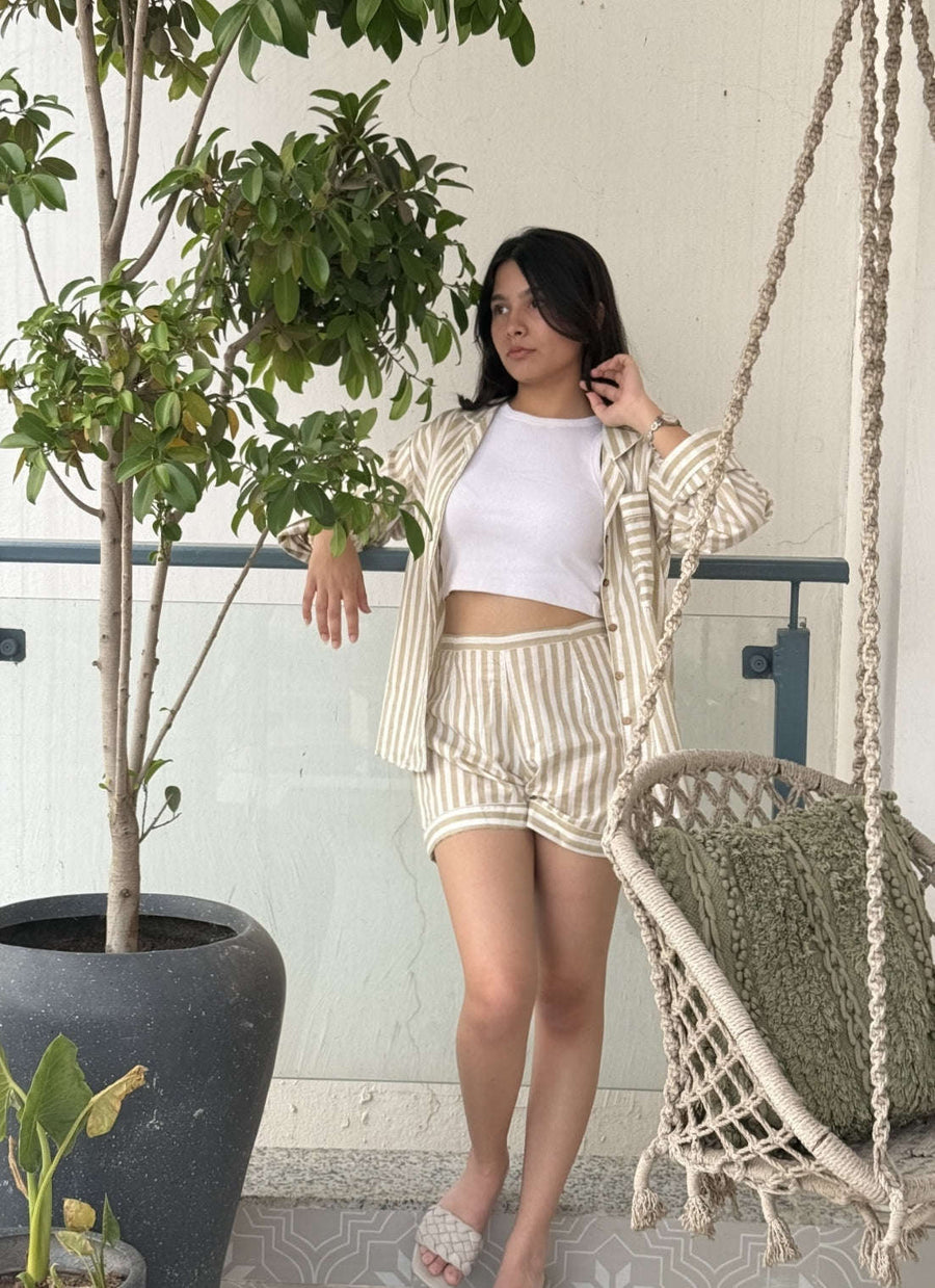 Beige Beauty Stripes Shorts Set