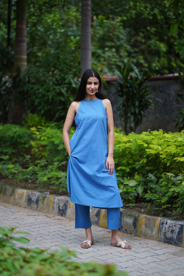 Breezy Blue Halter Kurta Set (Set of 2)