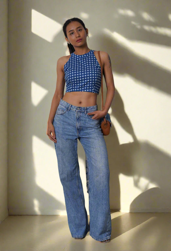 Blue Checks Halter Crop Top
