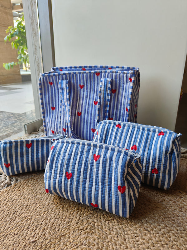 Heartbeat Blue Tote and Set of 3 Toiltery Pouches
