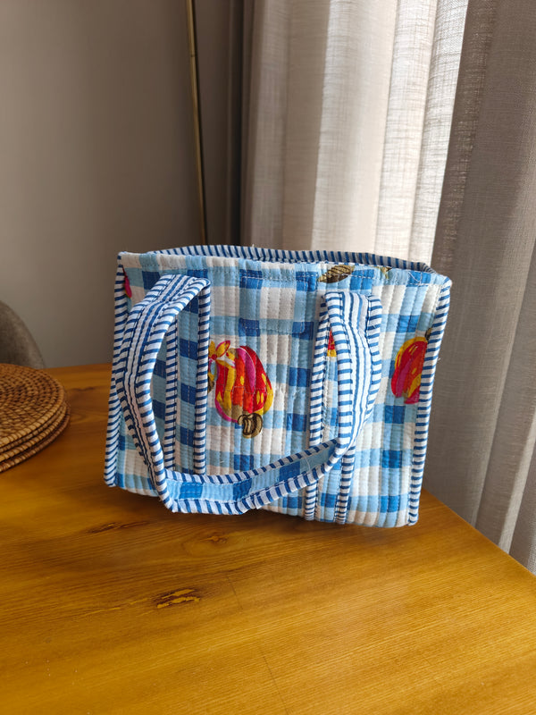 Blue Checkered Mini Tote (With Magnetic Closure)