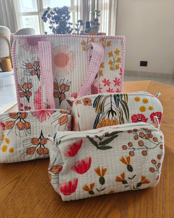 White Morning Meadows Tote (Small) & Set of 3Toiletry Pouches