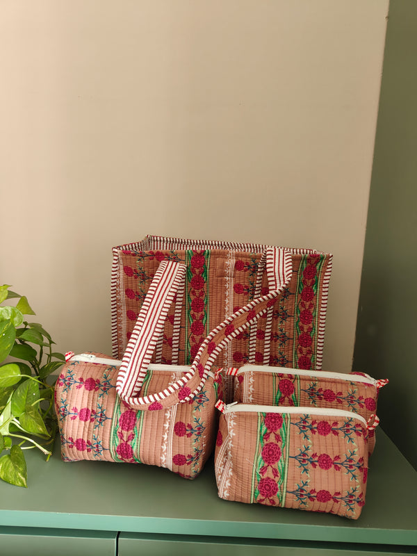 Indie Floral Pink Tote With Toiletry Pouches Set of 3