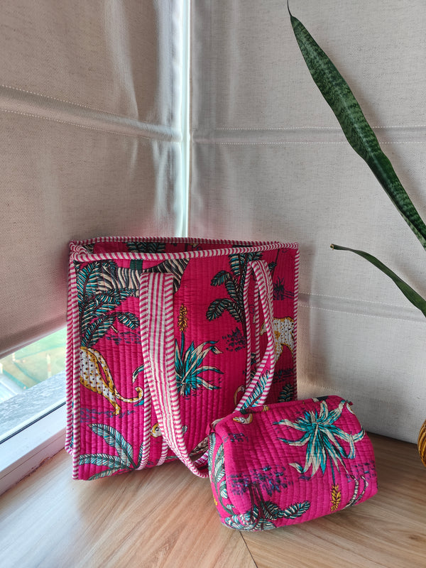 Jungle Joy Hot Pink Tote with Single Pouch