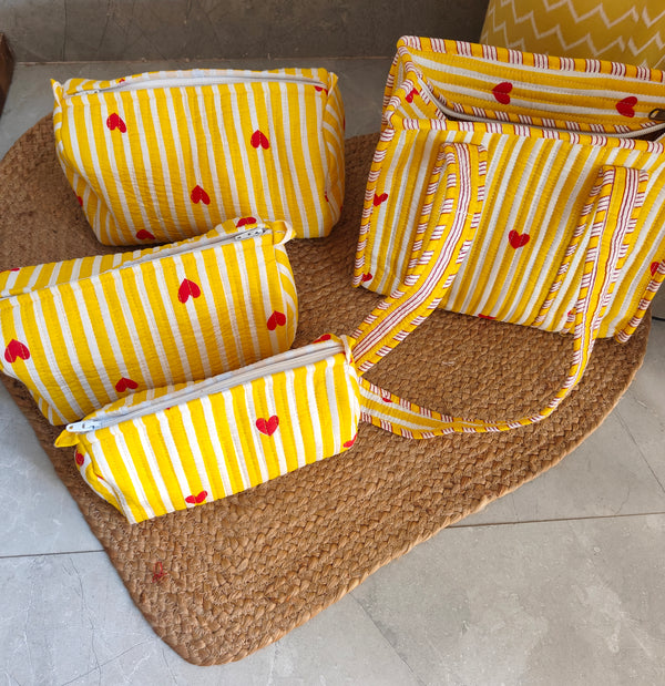Heartbeat Yellow Mini Tote and Set of 3 Toiltery Pouches