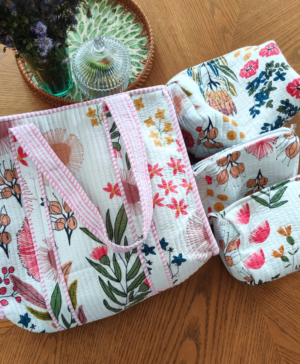 White Morning Meadows Tote (Small) & Set of 3Toiletry Pouches
