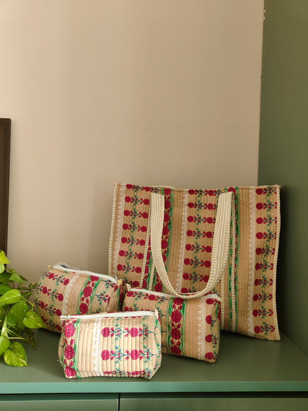 Indie Floral Beige Tote & Set of 3 Toiletry Pouches