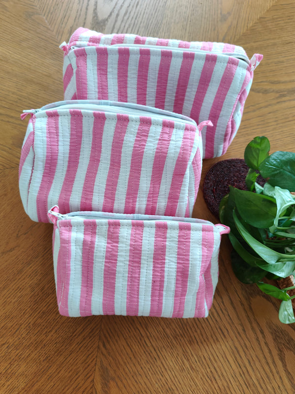Pink Stripe Toiletry Pouches (Set of 3)