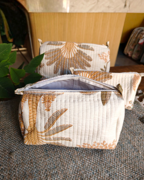 Cream Palm Toiletry Pouches (Set of 3)