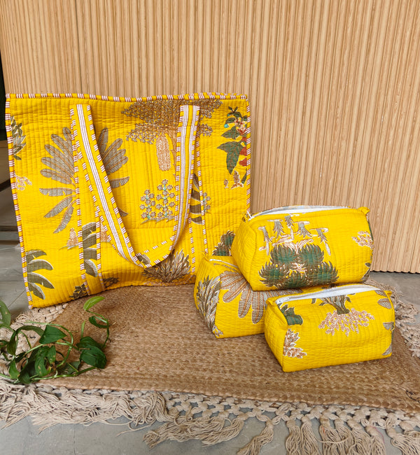 Yellow Palm Tote & Set of 3 Toiletry Pouches
