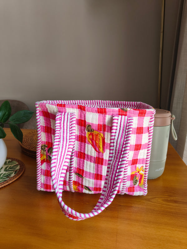 Pink Checkered Mini Tote (With Magnetic Closure)