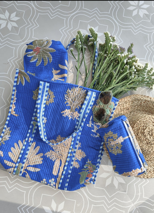 Blue Palm Tote & Set of 3 toiletry Pouches
