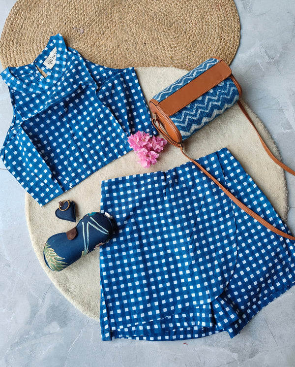 Ghingham Blue Halter Top and Skorts Set