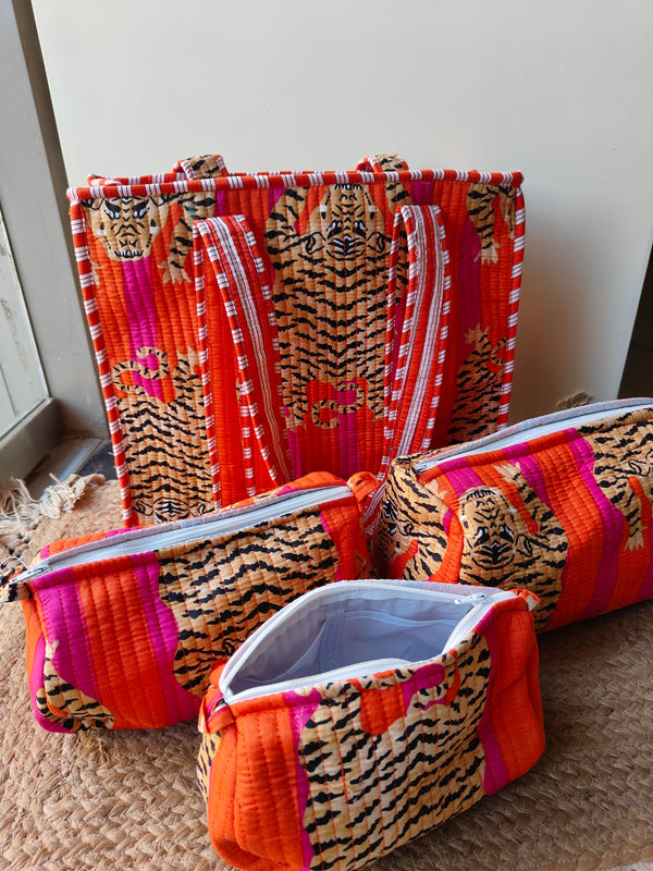 Tiger Orange Fuchsia Tote (Small) & Set of 3 Toiltery Pouches