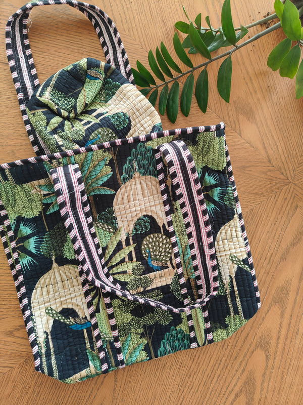 Mughal Garden Black Tote with Single Pouch