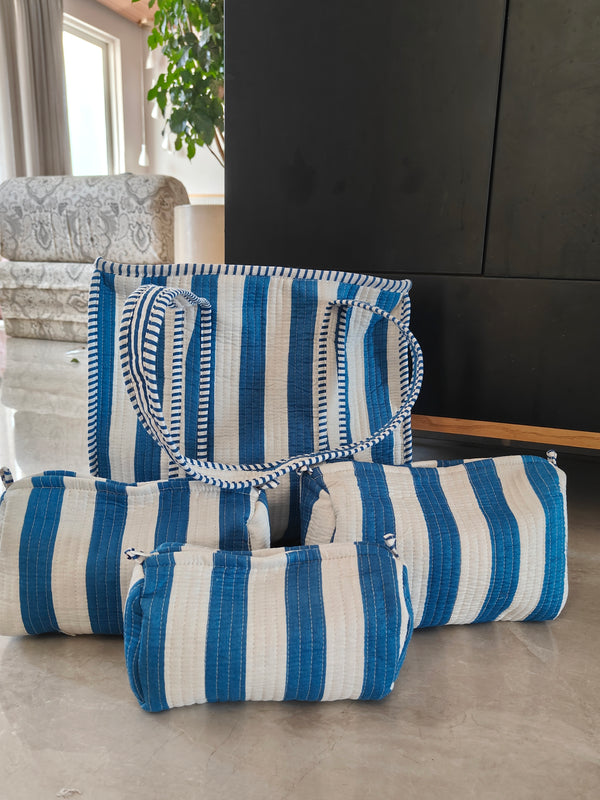 Nautical Stripes Tote (Small with zipper) & Set of 3 Toiltery Pouches