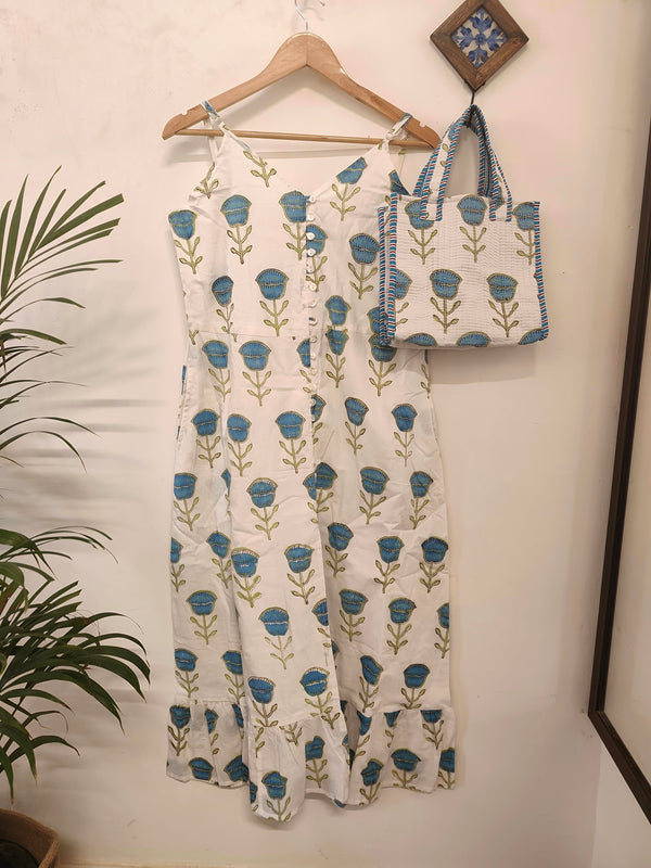 Tulip Kiss Dress with Matching Mini Handblock Tote -(Combo of 2)