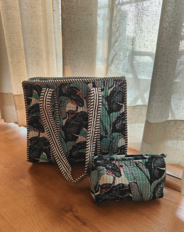 Tropical Night Black Tote with Single Pouch