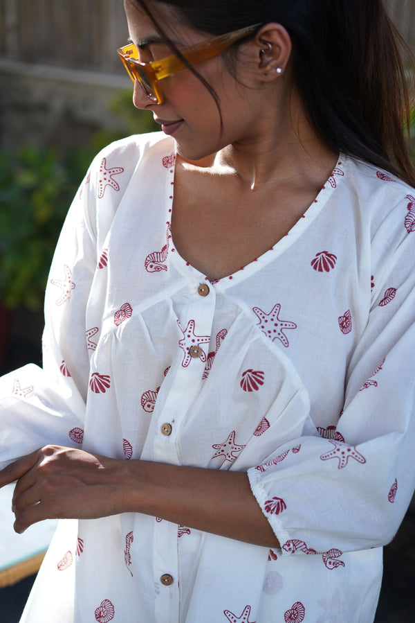 Sea Treasures Hand Block Printed Top- Crimson