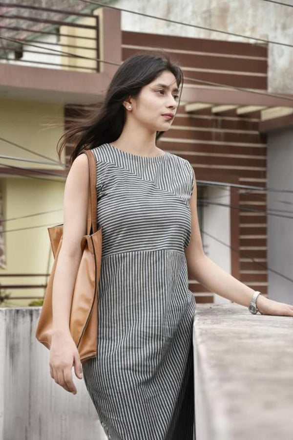 Stripe Please Midi Dress-Grey