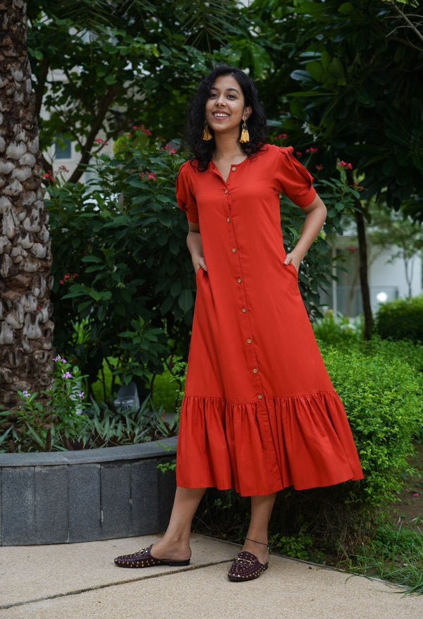 Shibui Front Open Pleated Dress- Rust Red